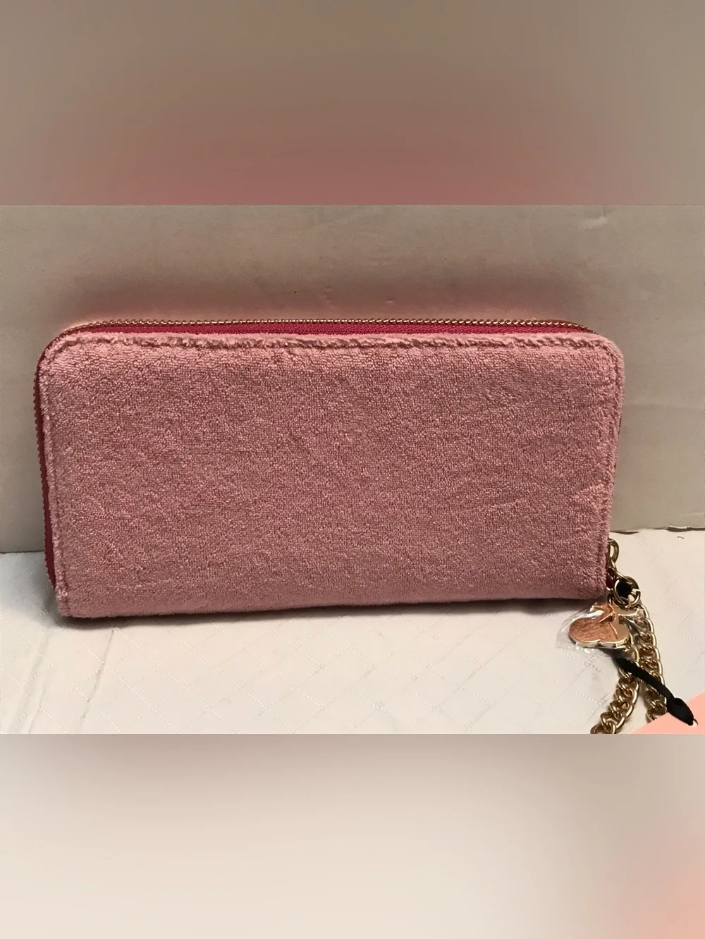 Juicy Couture Pink Velvet Logo Clutch with Magenta Embroidery